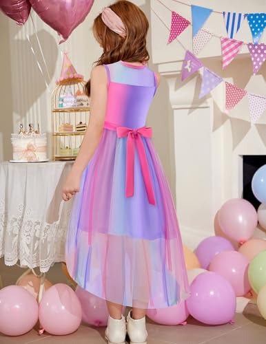 Image of Arshiner Girls Dresses Formal Party Wedding Tulle Sleeveless Contrast Mesh High Low Dress with Belt