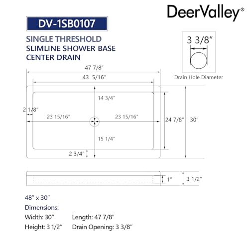 Image of DeerValley 48 inchL X 30 inchW Center Drain Shower Base in White