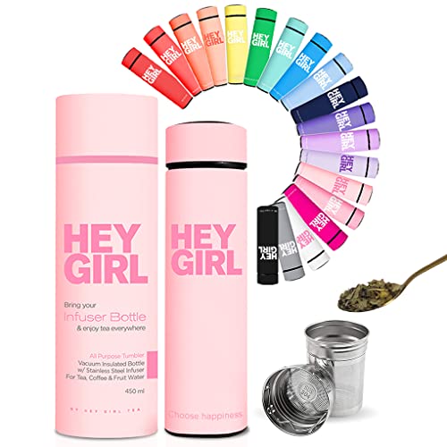 Hey Girl Tea Infuser Bottle 450ml - Insulated Stainless Steel Water Bottle - Tea Tumbler with Tea Diffuser - Portable Travel Mug for Loose Leaf Tea & Infused Water - Tea Lovers Gifts for Women