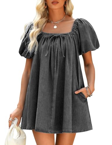 Image of Women Denim Dress Puff Short Sleeve Square Neck Jean Dress 2026 | Two Side Pockets, Babydoll Mini Dress, Stretchy Breathable Fabric, Casual Daily Outfits, Western Counrty Concert Outfits