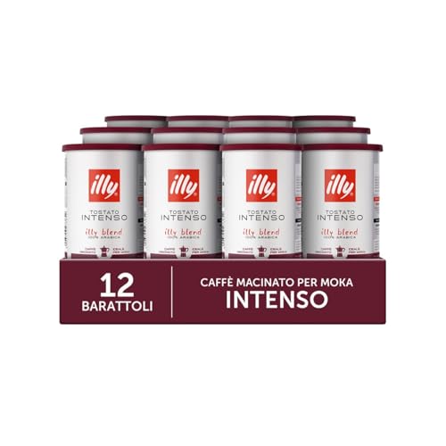 illy, Caffè Macinato per Moka Tostato INTENSO, 100% Arabica con Note di Cacao e Frutta Secca, Retrogusto Pieno e Corposo, Confezione da 12 Barattoli (12 x 185g)