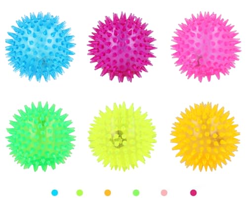 6 Spiky 7.5cm LED Flashing Bouncy Disco Balls with Light Squishy Stress Relief Fidget Squeezy Spikey Ball Toy for OCD ADHD ADD & Autism High Anxiety Levels Ideal Pet Toy or Baby Sensory Class