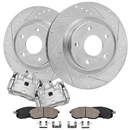 Image of Detroit Axle - Front Brake Kit for 2007-2010 Nissan Altima Drilled & Slotted Brake Rotors Brake Calipers w /Brackets Ceramic Brakes Pads 2008 2009 Replacement [11.65 inch Rotors]