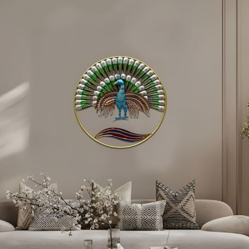 Image of Iron Big Handcrafted Multicolor Round Metal Peacock Abstract Wall Art Decorative Wall Frame Sculpture for Living Room Bedroom Drawing Room Home Decor