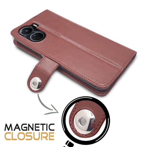 Image of Pikkme Vivo Y16 Flip Cover Leather Finish | Inside TPU with Card Pockets | Wallet Stand and Shock Proof | Complete Protection Button Flip Case (Brown)