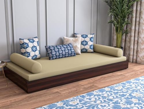 Image of Wooden Single Size Bed for Living Room, Drawing Room & Bedroom | Low Height Diwan /Palang /Cot Without Storage | Solid Wood Acacia, Walnut Finish, Mattress Size: 78 X 36