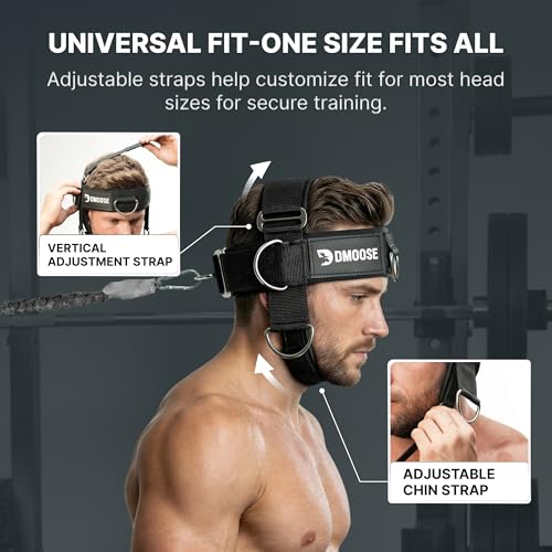 Image of DMoose Fitness Neck Harness Plus for Weight Lifting - Soft Padded Head & Chin Strap with 30 inch Heavy Duty Steel Chain, 2 Bands & Door Anchor - Neck Exerciser & Strengthener to Support Injury Recovery