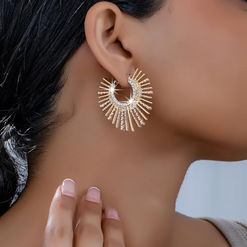 Statement Sunburst Hoop Earrings, Gold-Tone with Crystal Rhinestones, Large Fashion Hoops3