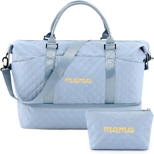 Image of Dansydaisy Mama Hospital Bag for Women Labor Delivery Travel Duffle Bag with Shoe Compartment and Toiletry Pouch Waterproof Letter Embroidered for Pregnancy Weekender Overnight Gym Gift, Blue