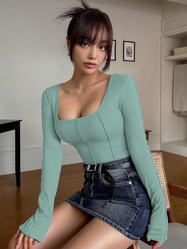 Image of Sugathari Women's Black Solid Long Sleeve Wrap-Style Square Split Crew Neck Bodycon Women T-Shirt Spring and Summer Top, Minimalist and Fashionable for Everyday Casual Wear Tops (T-Shirt 181)