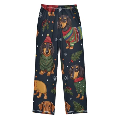 ZZXXB Christmas Dachshund Holly Leaves Boys Long Pants Soft Trousers Elastic Waist Kids Lounge Bottoms with Pockets S-XL2