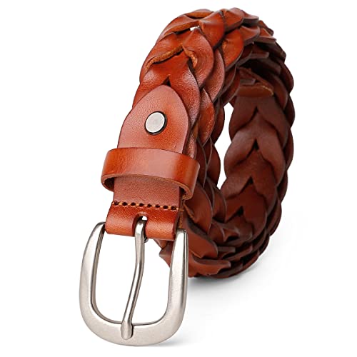 Catelles Womens Leather Belt, Women's Top Grain Leather Dresses and Casual Ladies Braided Fashion Belt (L Pant Size 12-14, Brown)