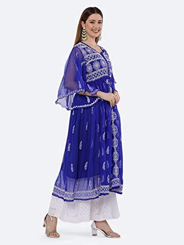 Image of FAWOMENT Women's A-Line Designer Georgette Kurta with Fine Handcrafted Lucknowi Chikankari Embroidery