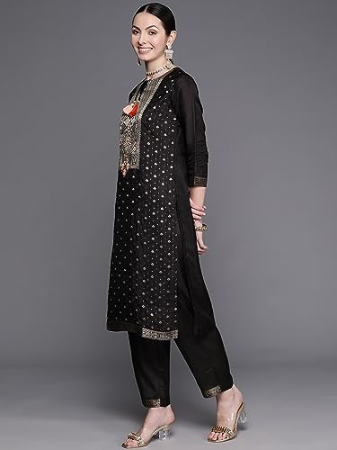 Image of INDO ERA Women's Silk Blend Embroidered Straight Kurta With Pant & Dupatta Set (KH9BK7270)