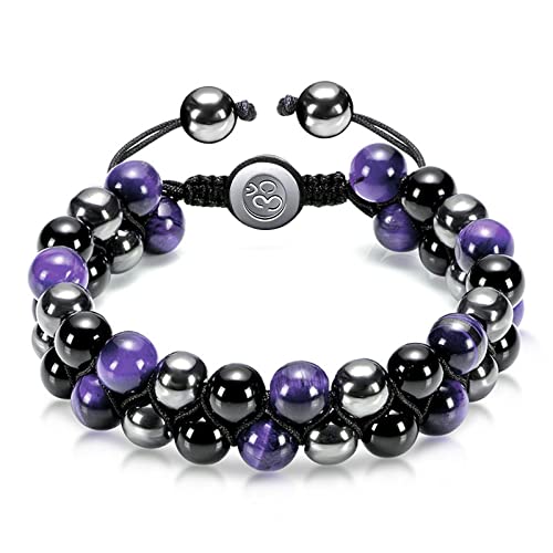 MJartoria Triple Protection Bracelet for Men Women Tiger Eye Black Obsidian and Hematite 8mm Beads Bracelet Stress Relief Yoga Beads Bracelet Bring Luck Happiness (Purple-Yellow)