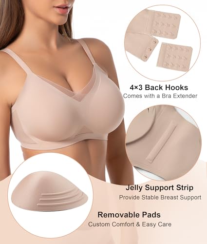 SHAPERX Wireless Bras for Women Seamless Push Up V Mesh Bralette No Underwire Full Coverage T-Shirt Bra with Removable Pads4
