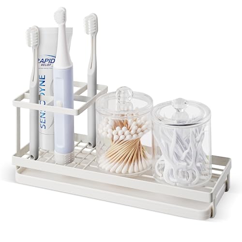 MYITYARD Toothbrush Holders for Bathrooms, 4 Slots Rustproof Metal Tooth Brushing Organizer with Drainage, Electric Tooth Brush Toothpaste Holder for Bathroom Countertop, White