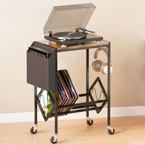 HMAKGG Mueble Tocadiscos, Mueble Vinilos con Ruedas, Mesa Tocadiscos 2 Niveles para 100 Álbumes, Soporte Vinilos Discos para Salón, Estudio, Negro