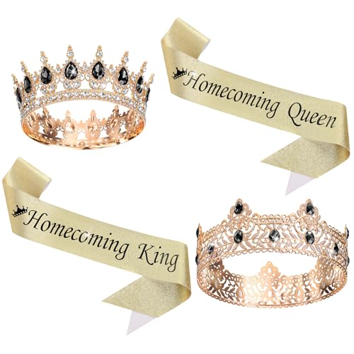 Ferreve 4 Pcs Homecoming Prom King and Queen Crown Set with Sashes King Queen Crystal Glitter Tiara Ribbon for Party(Gold Black)