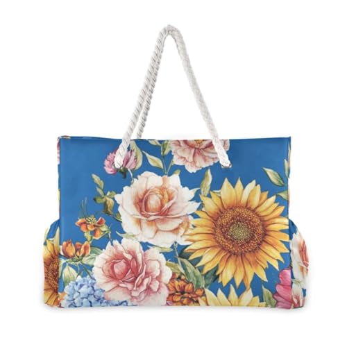 Fall Flowers Sunflower Snapdragon Blue Portable Sandproof Outdoor Tote with side pocketes Bag Women Travel Essentials Beach Birthday for Women2
