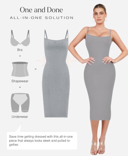Image of Popilush Bodycon Midi Dress with Built in Shapewear Bra Club Outfits | Light Tummy Control, Spaghetti Straps, Removable Cups, Knee Length, Going Out Summer Dress