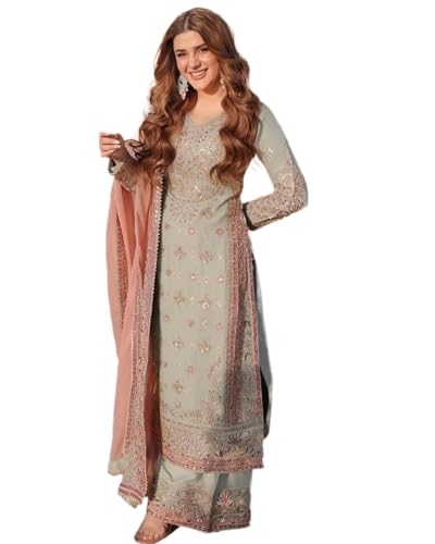 Image of WOONARI Royal Sage Green Pakistani Salwar Suit | Designer Embroidered Georgette Set with Pink Dupatta | Ideal for Wedding (XXL)