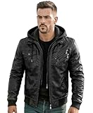Men's Real Leather Jacket With Removable Hood Bomber Genuine Sheep Brown Leather Coat (UK, Alpha, L, Regular, Regular, Black)