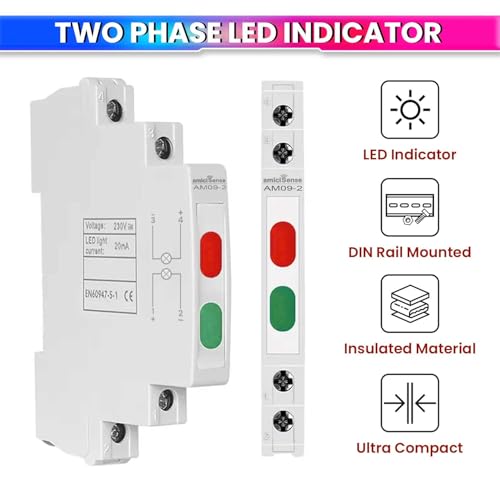 Image of amiciSense 2-Phase Indicator with Red & Green LED Lights - Only 1 cm Wide Reliable Phase Detection for 230V Systems