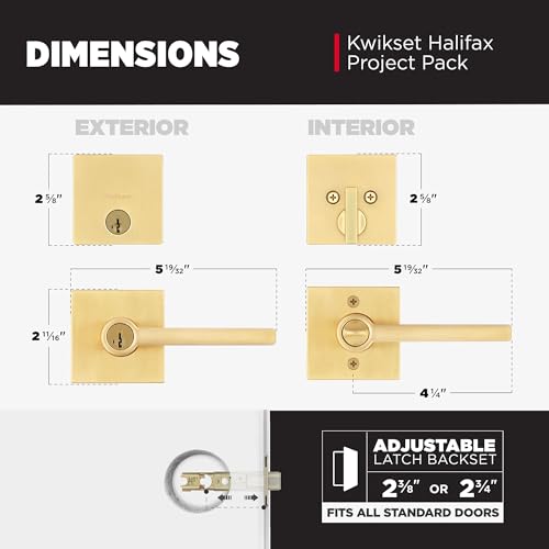 Image of Kwikset Halifax Square Front Door Lock Handle and Deadbolt Set, Entry Exterior with Interior Reversible Lever, Satin Brass, Project Pack, Pick Resistant SmartKey Rekey Deadbolt Security