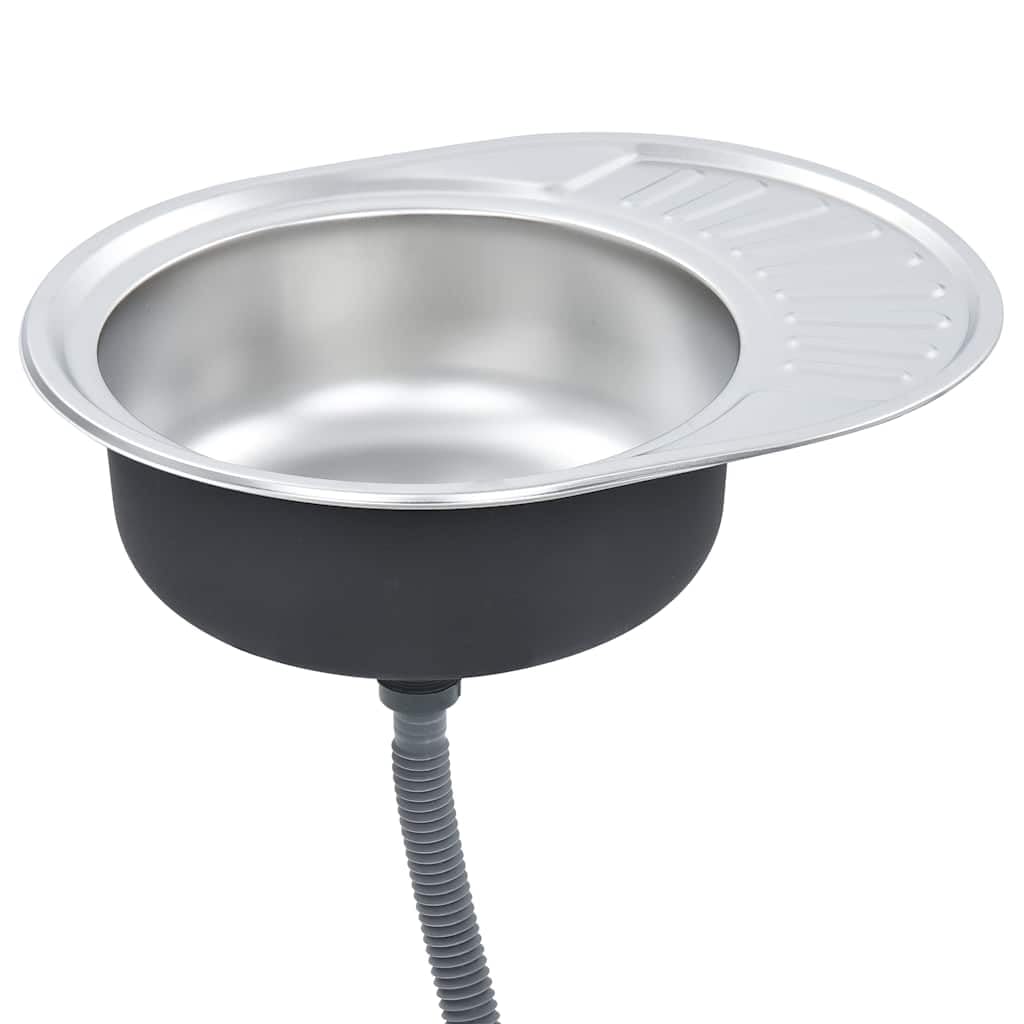 vidaXL Kitchen Sink Single Bowl Basin Under-Mount with Basket Strainer and Trap Oval Stain and Scratch Resistant Silver Stainless Steel