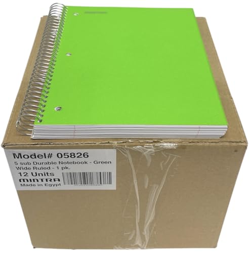 Mintra Office Durable Spiral Notebooks, 5 Subject (Green, Wide Ruled 12pk)