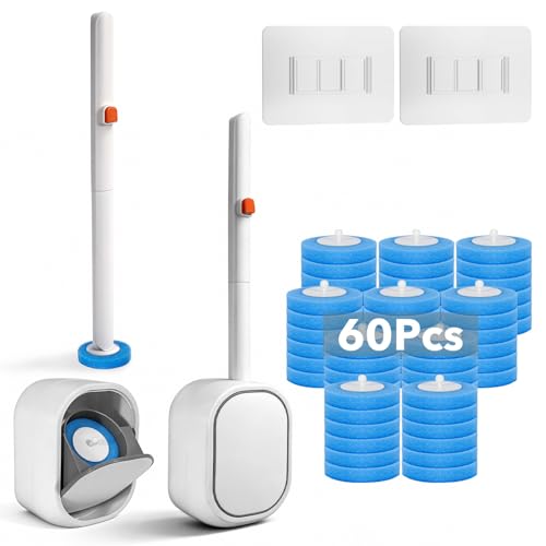 Dargoose 2-Pack Disposable Toilet Brush & Wand Kit Wall-Mounted Auto-Closing Caddies with 60 Refills Deep Cleaning System with Pre-Loaded Scrubber for Rust & Hard Water - Mess-Free Modern Design