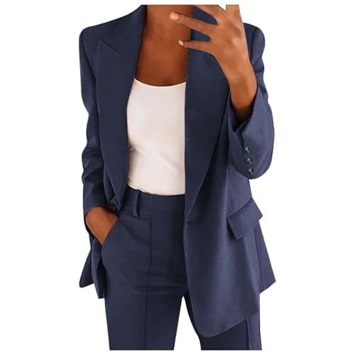 Women's Fall 2 Piece Outfits Solid Business Dressy Blazer Jacket and Wide Leg Pants Pockets Casual Office Suit Sets2
