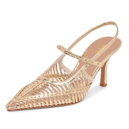 XYD Women Caged Pointed Toe Mid Heel Pumps Multi Studs Slingback Sandals Chic Party Formal Shoes