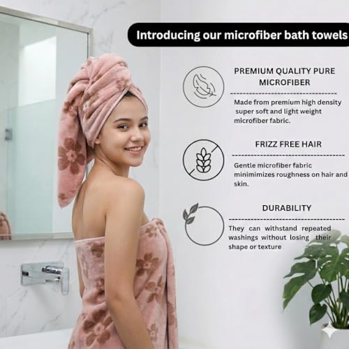 Image of HANKER Ultra Luxury Large /Full Size Plush Bath Towel | Calm Peach Colour Blossom Super, Very Soft On Skin, Luxurious Fabric, Pure Polyamide, 70x140cm, 500GSM