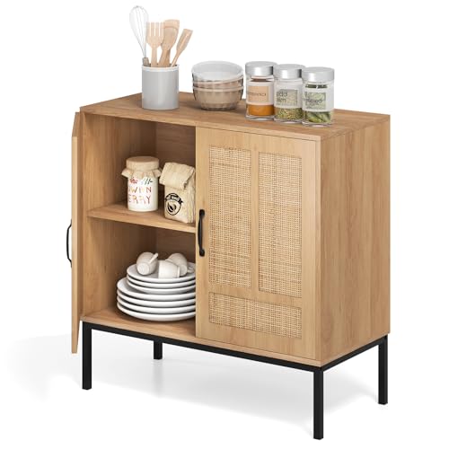 KOMFOTTEU Sideboard mit 2 Türen aus Rattan, Küchenschrank mit 3-Fach...