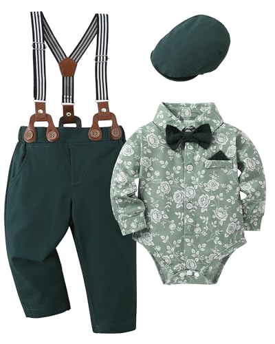 Image of YALLET Baby Boy Clothes Set Infant Tuxedo Long Sleeve Gentleman Suit Outfits + Beret Hat + Suspender Pants + Bowtie 0-18M