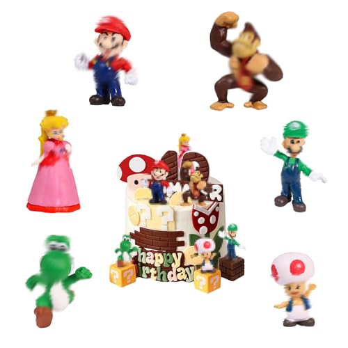 LUBOXIN 6 Piezas Super Mario Figures, Super Mario Tarta Decoración Figuras, Muñecos Mario Bros para Decoración de Pastel de Cumpleaños, Tartas, Fiesta, Mesa