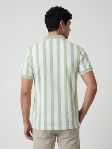 Image of Raymond Men Modern Fit Stripe Pattern Pure Cotton Polo Neck Half Sleeve Casual T-Shirt