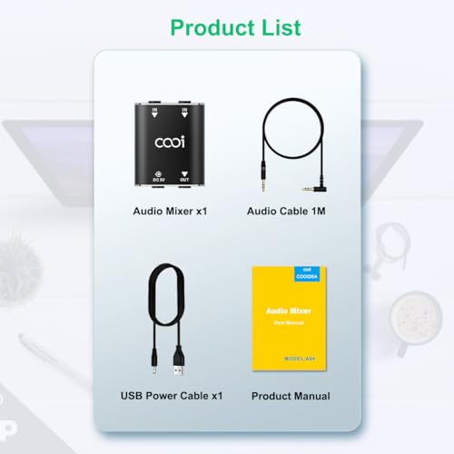 image for Cooidea 2 Channel Stereo Audio Mixer - Metal Shell, AUX Interface Supp