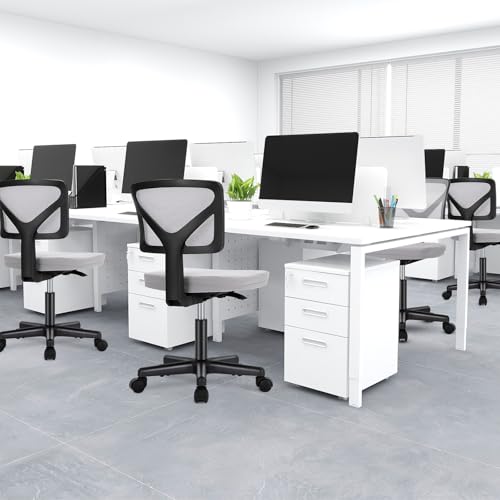Image of DUMOS Small Office Chairs with Wheels, Ergonomic Adjustable Home Desk Swivel Rolling Task Chair No Arms, Comfy Mesh Mid Back Computer Work Vanity Desk Chairs for Small Spaces, Dark Grey