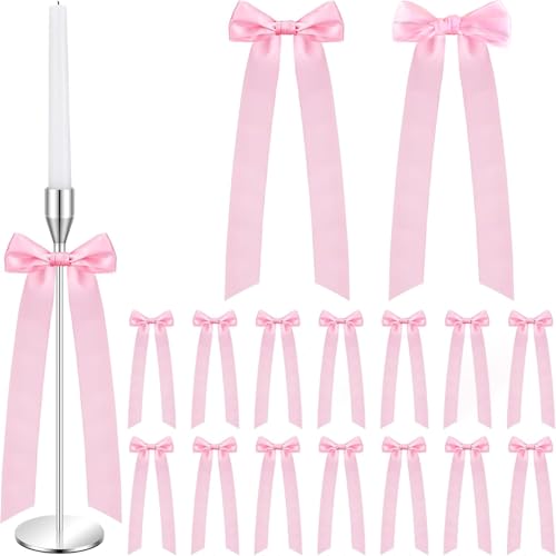 16pcs Pink Candlestick Bows Decor Pink Ribbon Bows Set - 12 Inch Candlestick Decorations for Weddings, Parties, Bridal Showers & Home Decor