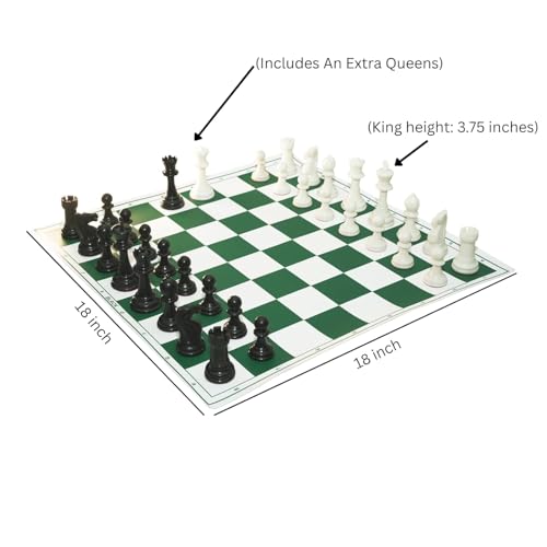 Image of Premium Tournament Vinyl Roll-Up Chess Set, 20x20 Inch, Green | Tournament-Quality Chess Board, Includes Bag, Extra Queen, Notation Book & Piece Storage, Foldable & Portable, Heavy Pieces