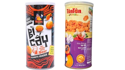 Image of Combo - Cracker Peanuts and Spicy Garlic Peanuts - Dau Phong Bi Cay va Dau Phong Toi Ot - 2 Cans per Order