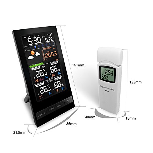 Protmex PT2800U Weather Station main unit and wireless sensor with dimensions