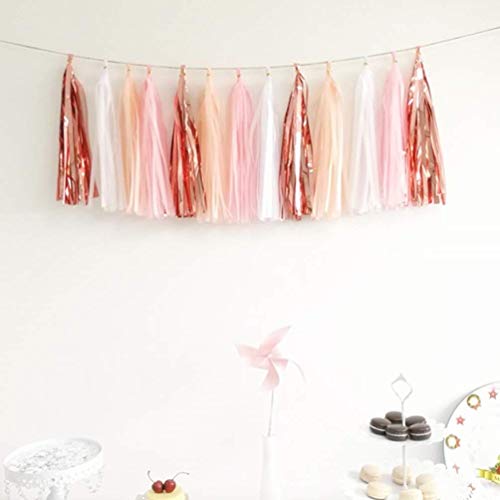 Image of 20PCS Shiny Tassel Garland Tissue Paper Tassel Banner,Table Decor,Tassels Party Decor Supplies - Rose Gold,Peach Color,Light Pink,White