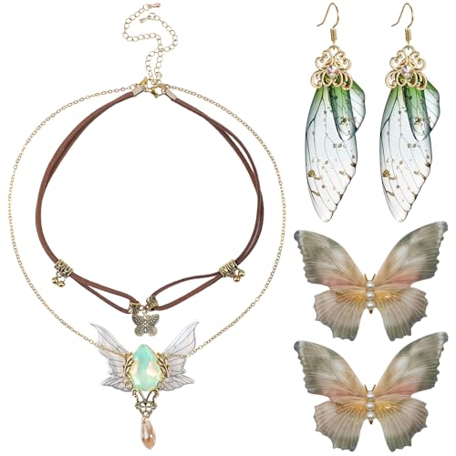 MOSTORY Butterfly Fairy Accessories Set - Layered Crystal Fairy Necklace Butterfly Wings Earrings and Fairy Hair Clips for Women Renaissance Faire Outfit Elf Cosplay Halloween