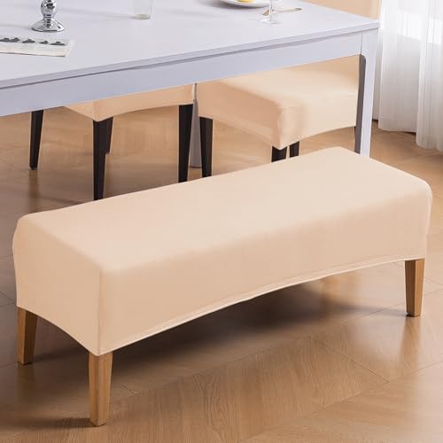 Image of HOKIPO 'SereneSolids' 140 GSM Dining Bench Cover Stretchable Slipcover, Beige (AR-6245-BGE)