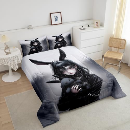 Image of Erosebridal Anime Girl Bedding Set Full,Anime Gifts Comforter Set for Girls Women,Gothic 3D Japanese Girl Down Comforter,Black Gothic Bed Set Exotic Rabbit Printed Duvet Insert with 2 Pillowcases