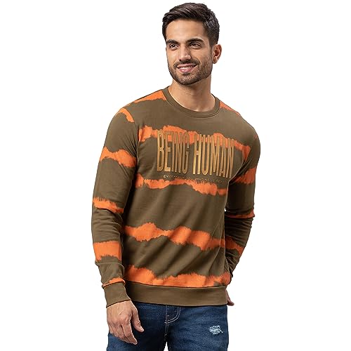 Image of Being Human Olive Regular Fit Round Neck Long Sleeves Cotton Men's Sweatshirt Clothing